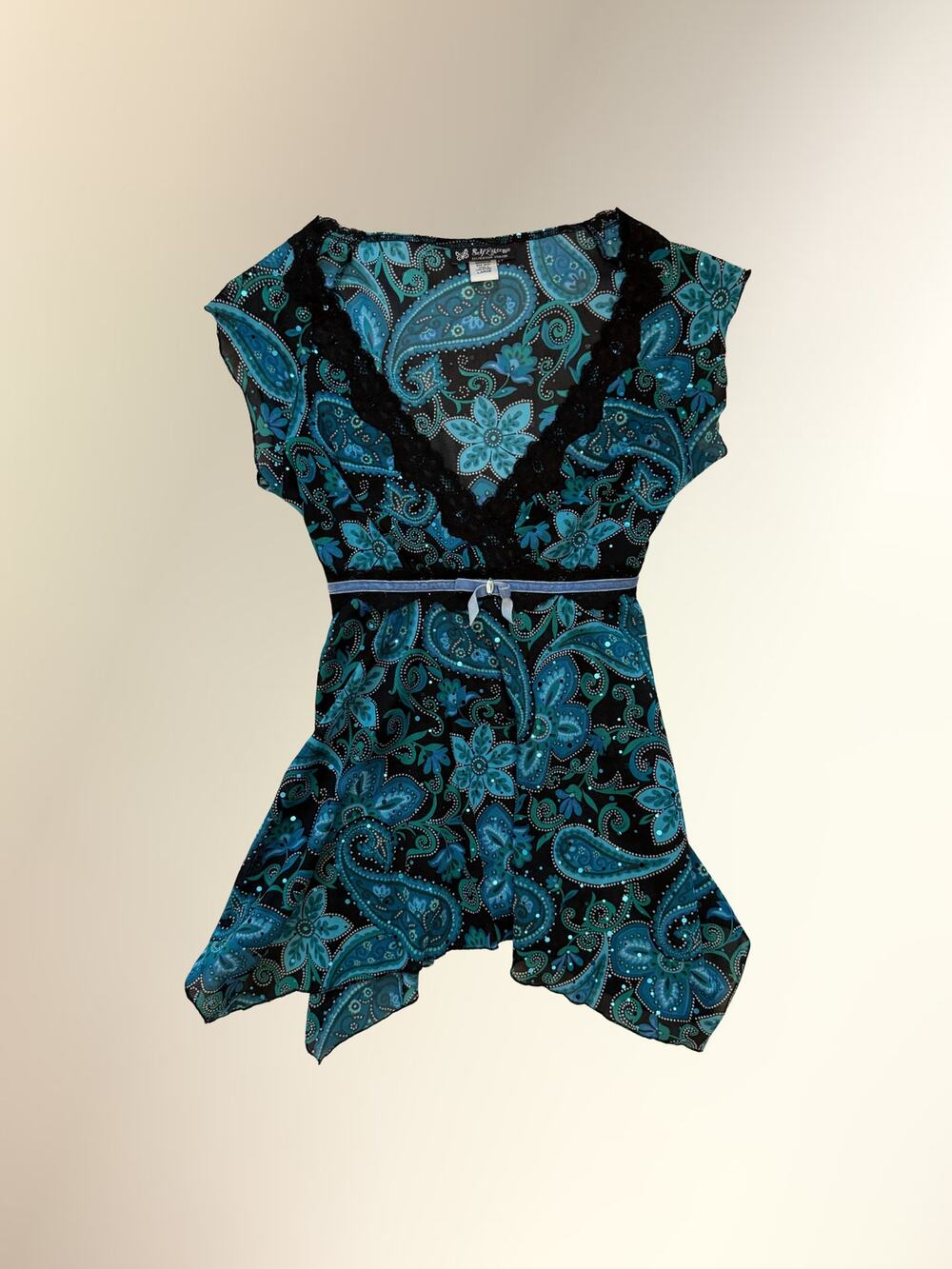 Y2K Self Esteem Blue Black Paisley Mesh Sequin Lace Tie Back Top L